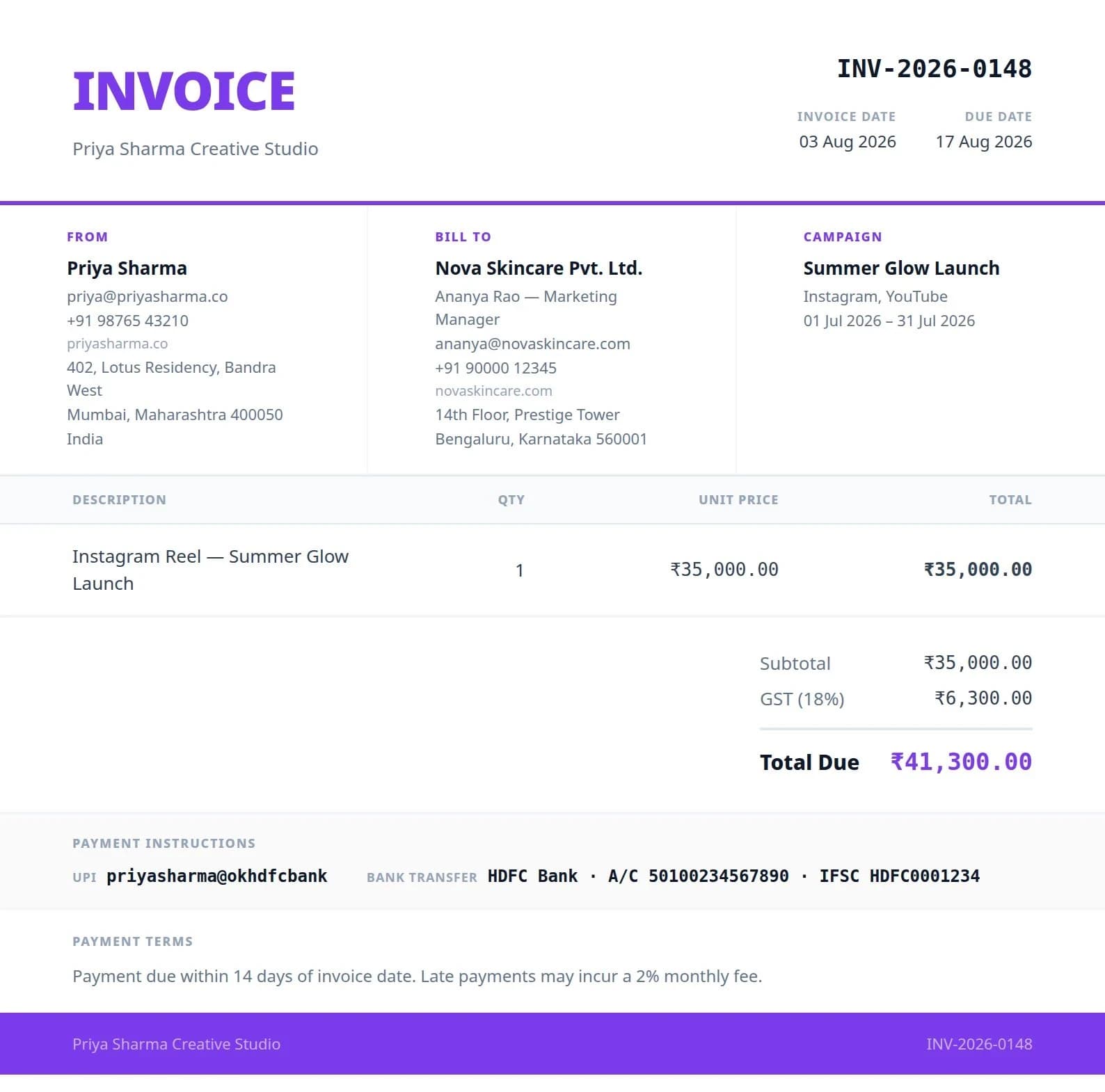 Sample Collably invoice showing itemized deliveries, GST and total due